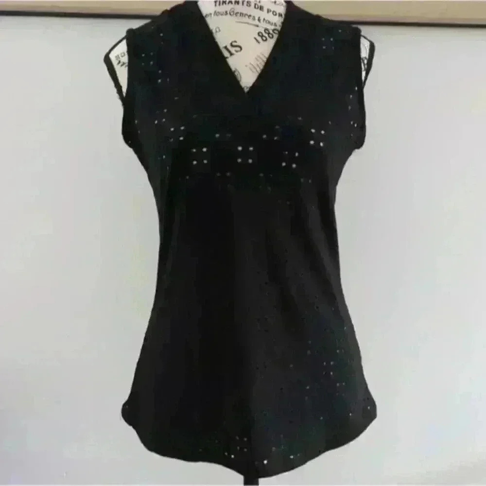 ERIN BLAIR |  Women's Black Eyelet Stretchy V-Neck Sleeveless Top NWOT